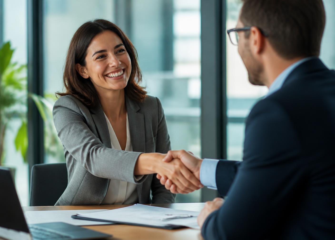 Business professionals shaking hands after closing a deal
